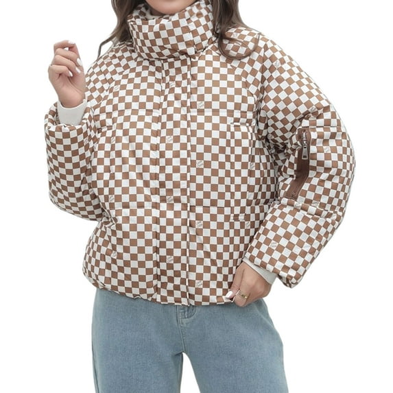 Womens Zip Front Plaid Sweatshirts Print Hoodie Fall Jackets Long Sleeve Casual Drawstring Clothes Khaki L