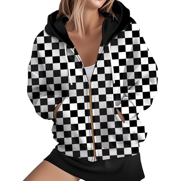 Womens Zip Front Plaid Sweatshirts Print Hoodie Fall Jackets Long Sleeve Casual Drawstring Clothes