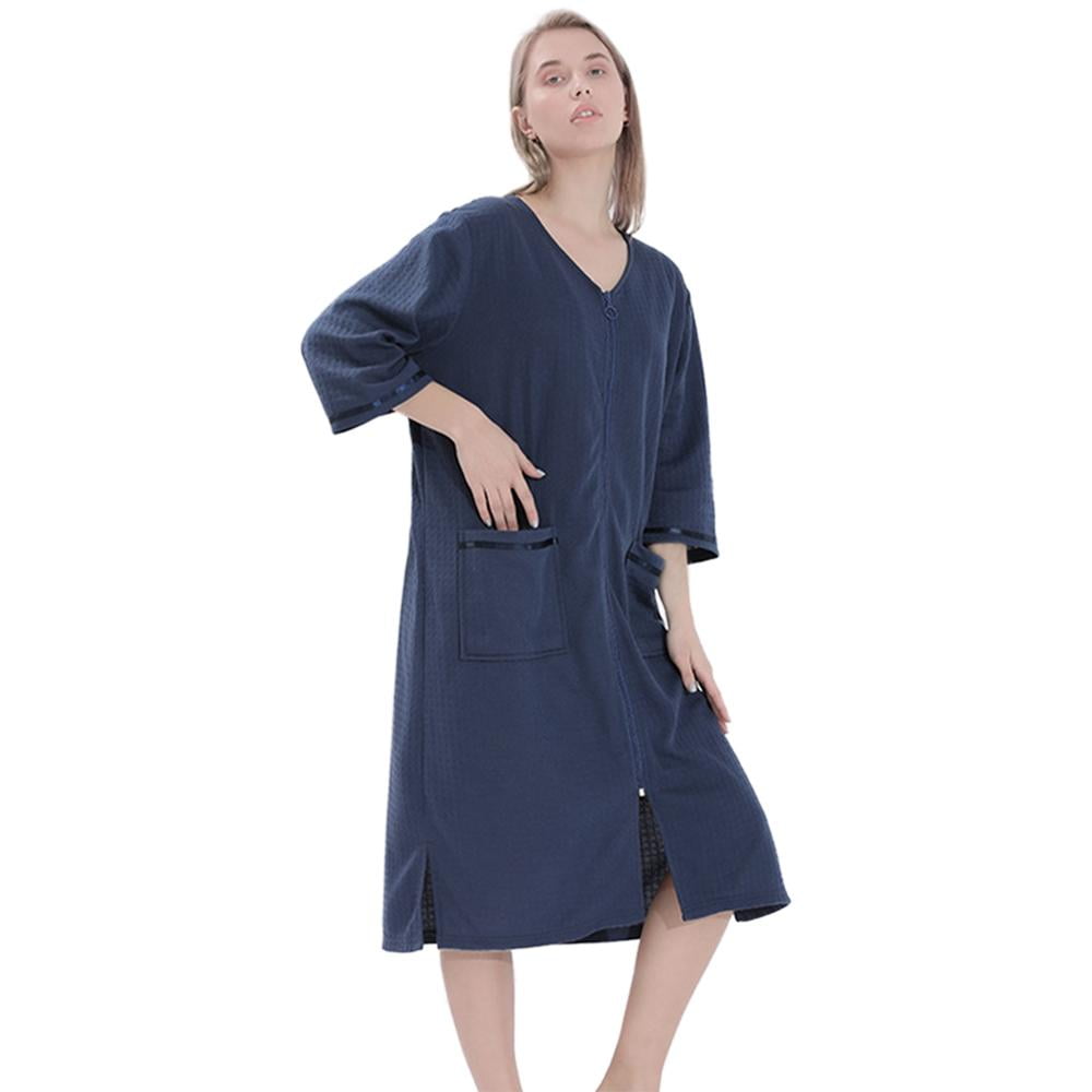 Womens Zip Front Robes Lightweight House Coat Zipper Nightgown