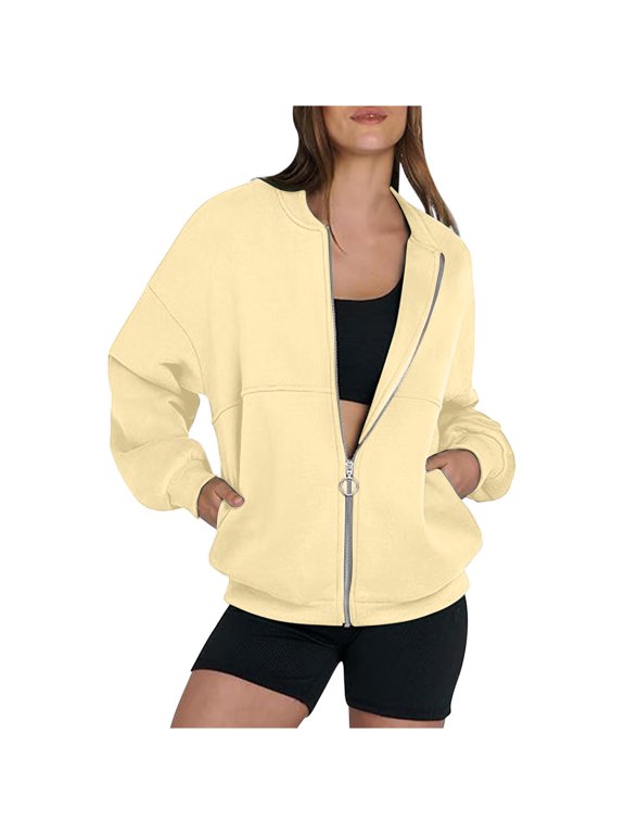 Womens Zip Front Sweatshirt Long Sleeve Stand Collar Jacket Drop Shoulder Ribbed Pocket Outerwear Light Yellow S