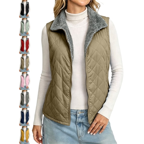Womens Zip Front Vest Quilted Collared Fleece Lined Collar Pockets Classic Winter Vest