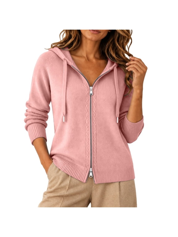 Womens Zip Up Hooded Cardigan Sweaters drawstring long sleeve Soft Knit Jacket Casual Trendy basic Lightweight Hooded Cardigan comfy cozy sweater lounge Office Travel clothes