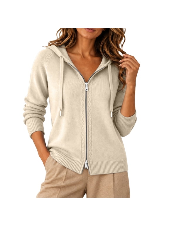 Womens Zip Up Hooded Cardigan Sweaters drawstring long sleeve Soft Knit Jacket Casual Trendy basic Lightweight Hooded Cardigan comfy cozy sweater lounge Office Travel clothes