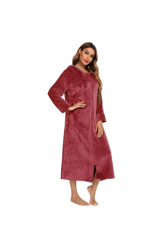 Womens Zip up Hooded Fleece Bathrobe Soft Cozy Warm Shower Robes Flannel Long Sleepwear Housecoat with Pockets New Women Soft Comfortable Pajamas Wine XL