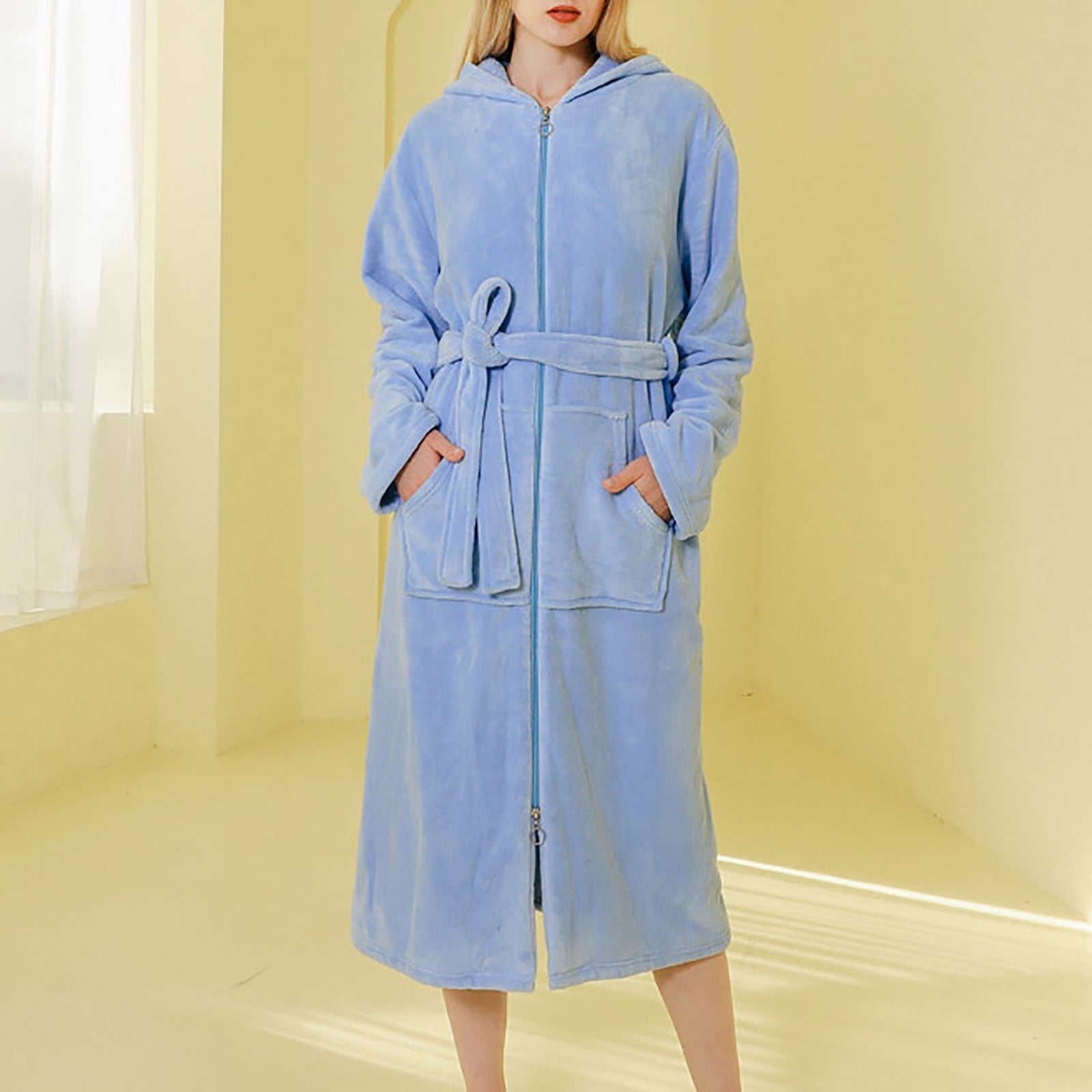 Womens Zip up Hooded Long Bathrobe Winter Fashion Fuzzy Fleece Nightgown with Pockets Thermal Shower Robes New Soft Robes for Women Lightweight Blue L