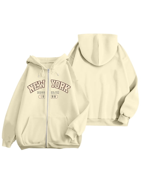 Womens Zip Up Hoodie Casual Vintage New York Brooklyn Letter Graphic Hooded Sweatshirt Drop Shoulder Jacket Streetwear Y2K Outerwear Loose Fit Top Khaki 2XL