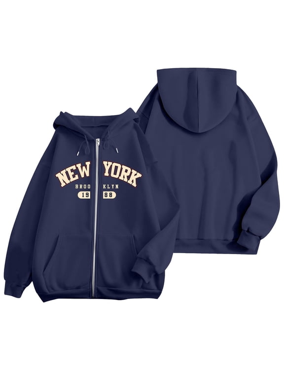 Womens Zip Up Hoodie Casual Vintage New York Brooklyn Letter Graphic Hooded Sweatshirt Drop Shoulder Jacket Streetwear Y2K Outerwear Loose Fit Top Navy 2XL