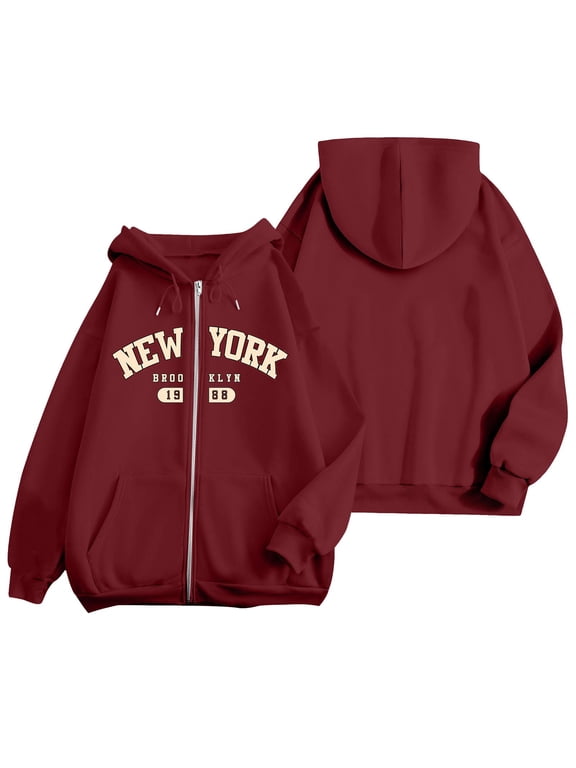 Womens Zip Up Hoodie Casual Vintage New York Brooklyn Letter Graphic Hooded Sweatshirt Drop Shoulder Jacket Streetwear Y2K Outerwear Loose Fit Top Red M