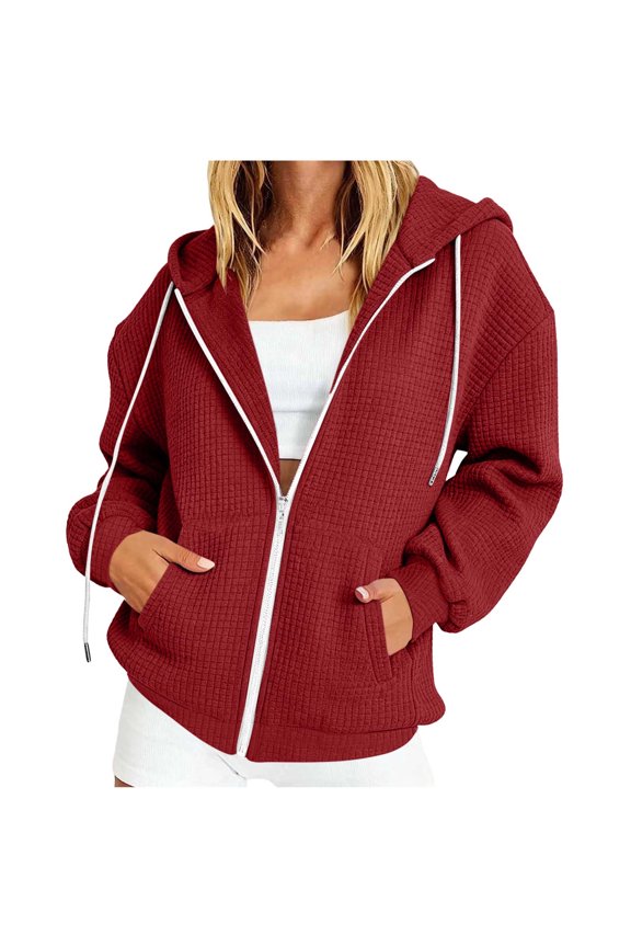 Womens Zip Up Hoodie Oversized Sweatshirt Casual Waffle Hooded Jacket Long Sleeve Hooded Jackets, Solid Color Sweatshirts with Pockets, Zip-up Coats, Fall Fashion Clothes, Loungewear