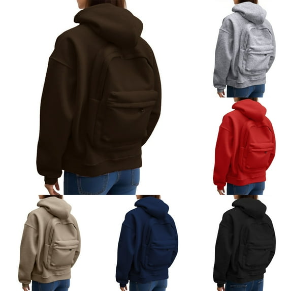 Womens Zip Up Hoodies with Backpack Design Solid Color Front Pocket Jackets Casual Lightweight Fall Outdoor Activities Hooded Sweatshirt Women Coffee S