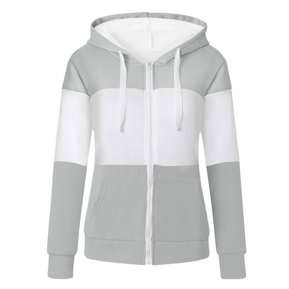 Womens Zip Up Hoodies Color Block Sweatshirt Women Loose Hooded Tops Fall Lightweight Long Sleeve Jacket with Pockets Casual Fashion Hoodie Sweat Top Outwear Streetwear gray L