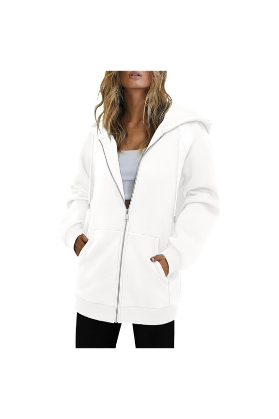 Womens Zip Hoodies Cotton Plain Oversized Hoodie Winter Warm Fleece Zip Up Sweatshirt Activewear Drawstring Long Sleeve Sweatshirt with Pockets Hooded Jackets Sweatershirts White L