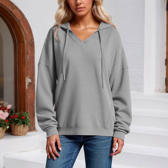 Womens Zip Up Hoodies Jackets Oversized Sweatshirts Fall Fashion Outfits 2025 Sweaters Winter Clothes Women's Knit Hoodie Long Sleeve V Neck Pullover Casual Comfortable Soft Loose Fit Warm