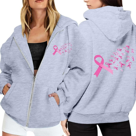 Womens Zip Up Hoodies Half Zip Pullover Travel Top Women's Zip Up Hoodie Pullover Cancer Awareness Month Long Sleeve Pocket Drawstring Casual Sweatshirt For Everyday Wear