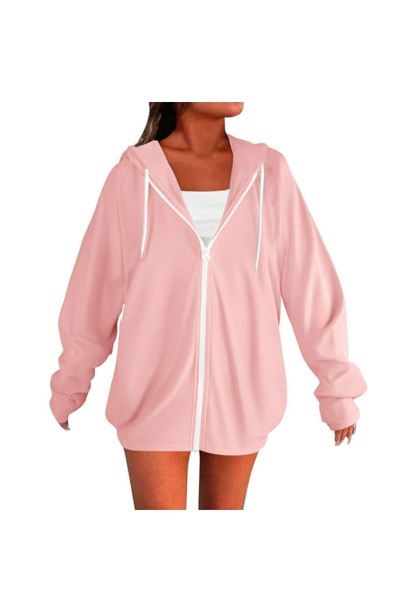 Womens Zip Up Hoodies Lightweight Jackets with Pockets Soft Casual Cozy Track Jackets Sweatshirts Oversized Trendy Long Sleeve Loose Fall Fashion Pink M