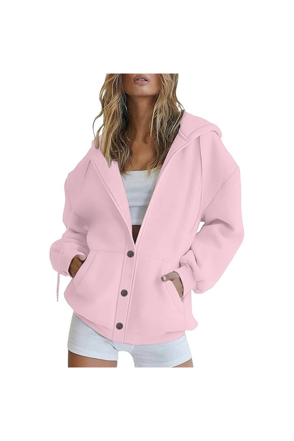 Womens Zip Up Hoodies Loose Soft Casual Cozy Track Jackets Sweatshirts Oversized Lightweight Jackets with Pockets Fall Fashion Trendy Long Sleeve Pink XL