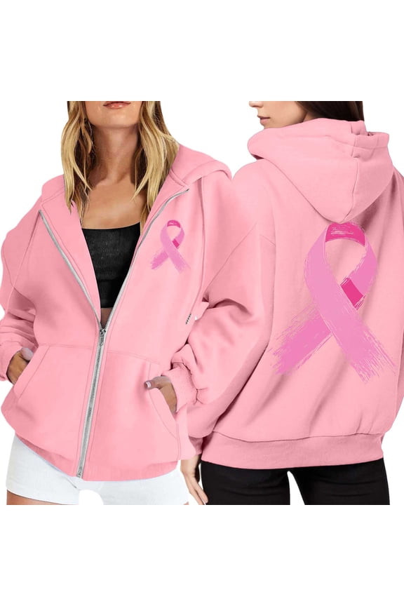 Womens Zip Up Hoodies with Pink Ribbon Printed Cancer Awareness Tunic Sweatshirts Long Sleeve Track Jackets with Pockets Fall Winter Tops (Pink, XXL)
