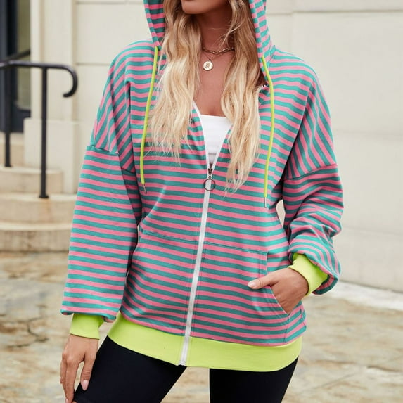 Womens Zip Up Hoodies Striped Fashion Sweatshirts Long Sleeve Jacket With Pockets 2024 Teen Girls Fashion Clothes Sweatcoat Hoodie Zipper Women Zip up Tunic Hoodie Hoodie Sweater Dresses for Women