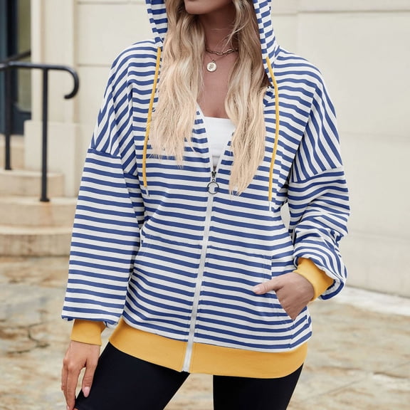 Womens Zip Up Hoodies Striped Fashion Sweatshirts Long Sleeve Jacket With Pockets 2024 Teen Girls Fashion Clothes Sweatcoat Zip up Sweatshirt Women Zipper Front Hoodies Hooded Sweatshirt Womens Hooded