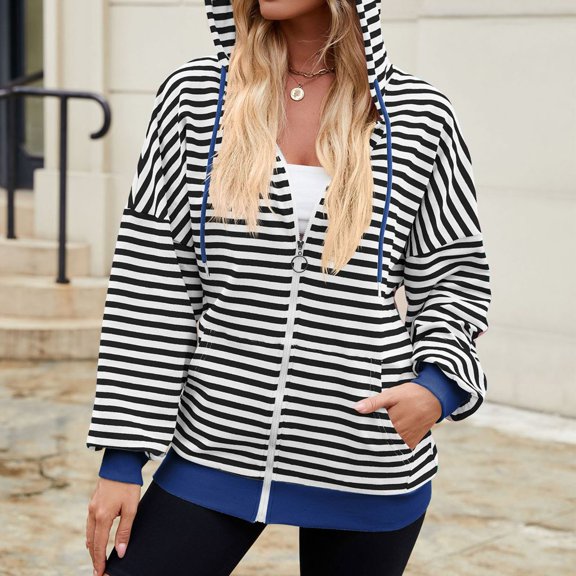 Womens Zip Up Hoodies Striped Fashion Sweatshirts Long Sleeve Jacket With Pockets 2024 Teen Girls Fashion Clothes Sweatcoat Zip up Sweatshirt Women Zipper Front Hoodies Hooded Sweatshirt Womens Hooded