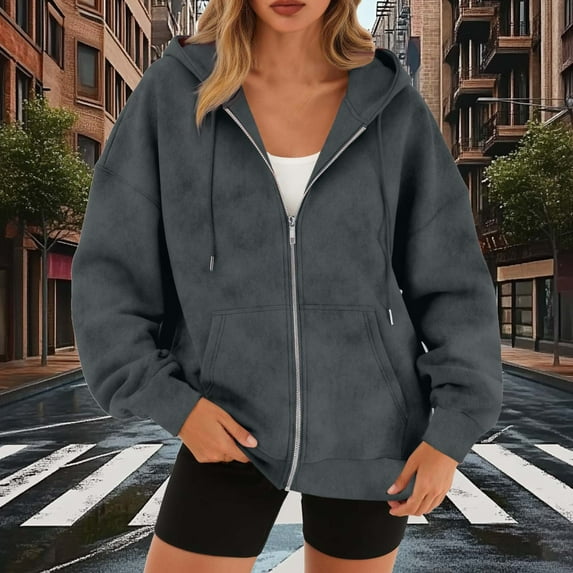 Womens Zip Up Jackets Spring Casual Solid Color Loose Long Sleeve Outerwear Oversized Lightweight Soft Vintage Fashion Warm Basic Suede Jacket with Pockets Fall Winter