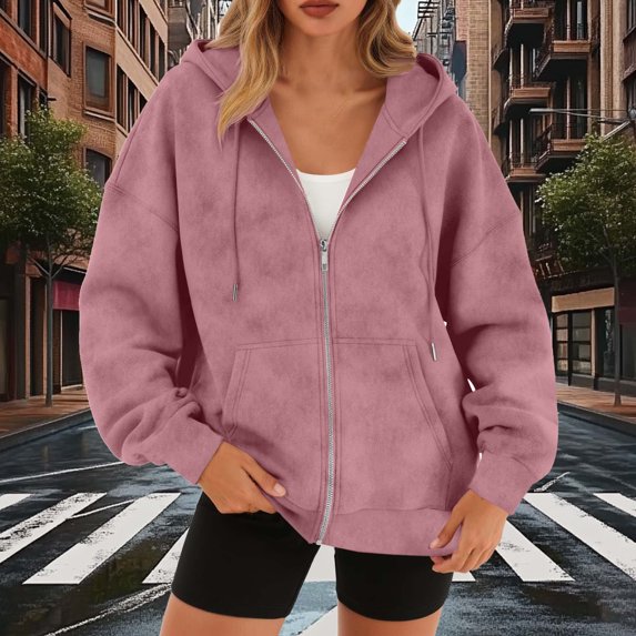 Womens Zip Up Jackets Spring Casual Solid Color Loose Long Sleeve Outerwear Oversized Lightweight Soft Vintage Fashion Warm Basic Suede Jacket with Pockets Fall Winter