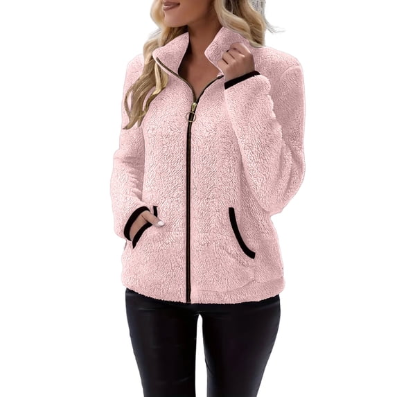 Womens Zip Up Sherpa Fleece Jacket Mock Neck Coats Long Sleeve, Fuzzy Warm Coat, Side Pockets, Casual Pullover, Fall Winter Clothes, Travel Vacation Outwear