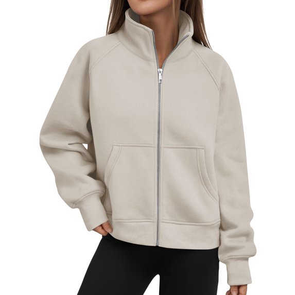 Womens Zip up Sweatshirt, Stand Collar Fleece Jackets No Hood, Lightweight Casual Solid Color Long Sleeve Zipper Front Fall Jackets with Pockets B-Khaki M