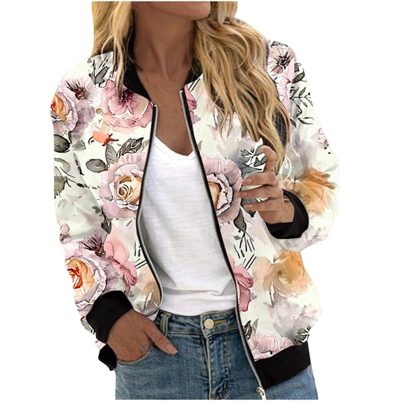 Womens Zip Up Bomber Jackets Casual Lightweight Fall Outerwear Floral Print Long Sleeve Travel Coat with Pocket (2XL, Beige)