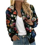 AKOEE Womens Zip Up Bomber Jackets Casual Lightweight Fall Outerwear Floral Print Long Sleeve Travel Coat with Pocket (2XL, Black 04)