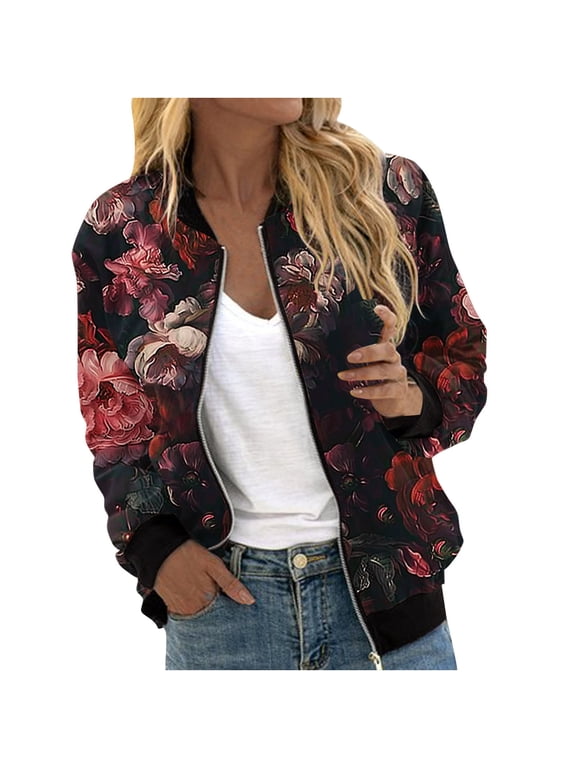 Womens Zip Up Bomber Jackets Casual Lightweight Fall Outerwear Floral Print Long Sleeve Travel Coat with Pocket (2XL, Black)