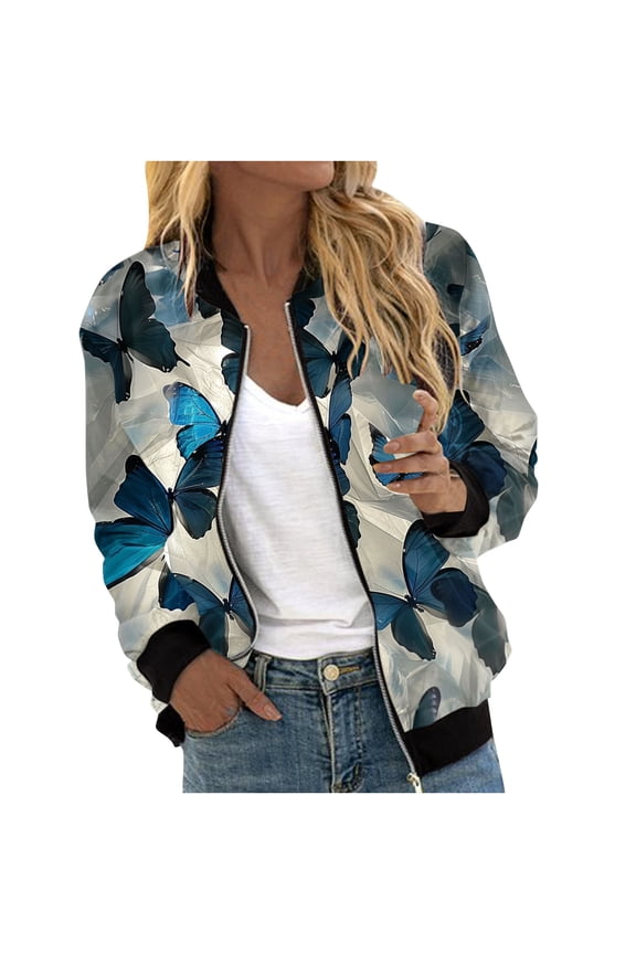 Womens Zip Up Bomber Jackets Casual Lightweight Fall Outerwear Floral Print Long Sleeve Travel Coat with Pocket (2XL, Blue 01)