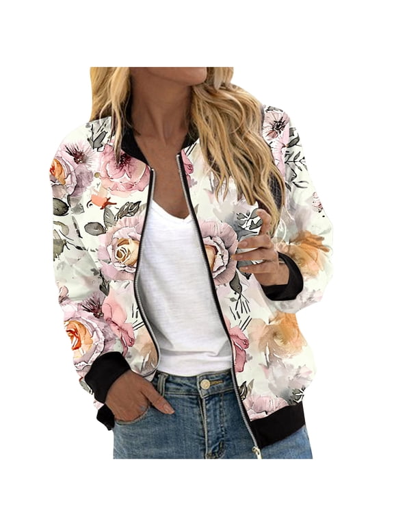 Womens Zip Up Bomber Jackets Casual Lightweight Fall Outerwear Floral Print Long Sleeve Travel Coat with Pocket (L, Beige)