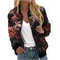 thumbnail image 1 of Womens Zip Up Bomber Jackets Casual Lightweight Fall Outerwear Floral Print Long Sleeve Travel Coat with Pocket (L, Black), 1 of 5