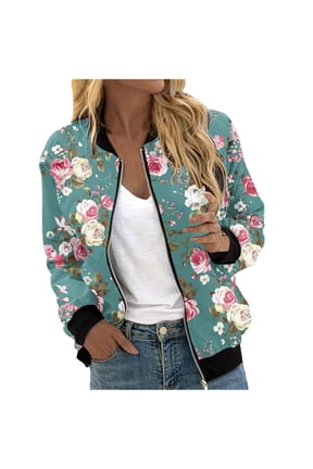 Womens Zip Up Bomber Jackets Casual Lightweight Fall Outerwear Floral Print Long Sleeve Travel Coat with Pocket (M, Blue 02)