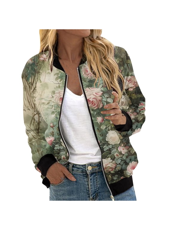 Womens Zip Up Bomber Jackets Casual Lightweight Fall Outerwear Floral Print Long Sleeve Travel Coat with Pocket (M, Green)