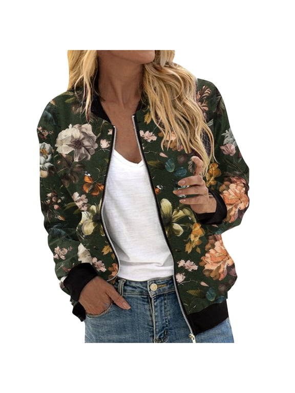 Womens Zip Up Bomber Jackets Casual Lightweight Fall Outerwear Floral Print Long Sleeve Travel Coat with Pocket (S, Black 02)
