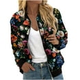 thumbnail image 1 of Womens Zip Up Bomber Jackets Casual Lightweight Fall Outerwear Floral Print Long Sleeve Travel Coat with Pocket (XL, Black 04), 1 of 5