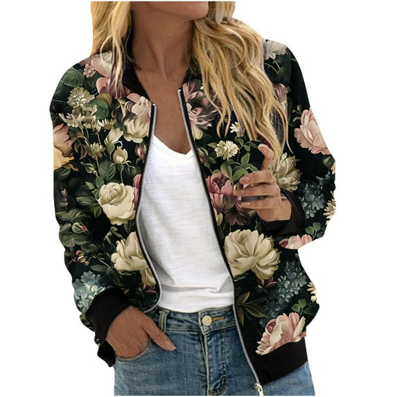 Womens Zip Up Bomber Jackets Casual Lightweight Fall Outerwear Floral Print Long Sleeve Travel Coat with Pocket (XL, Black 06)