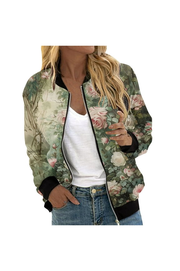 Womens Zip Up Bomber Jackets Casual Lightweight Fall Outerwear Floral Print Long Sleeve Travel Coat with Pocket (XL, Green)