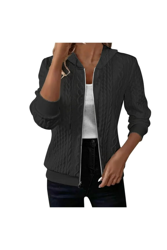Womens Zip Up Cardigan Sweater Cable Knit Hoodie Long Sleeve Jackets Textured Knit Outwear Drawstring Sweatshirts