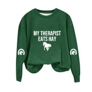 ZTGADU Womens Zip Up Cropped Hoodies My Therapist Eats Hay Sweatshirt for Women Horse Lover Crewneck Long Sleeve Sweatshirt Funny Horseback Riding Vintage Pullover Shirts Horse Owner Gift