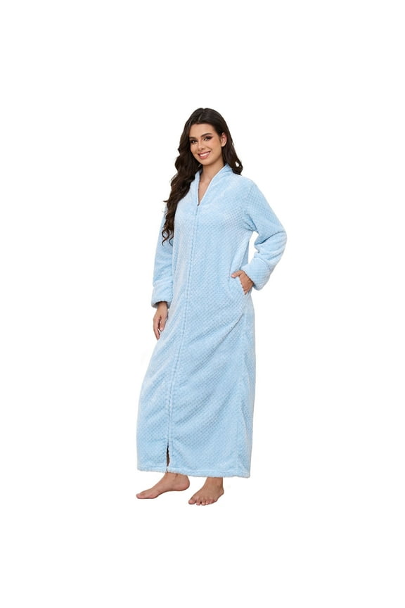 Womens Zip Up Fleece Robe Warm Loose Flannel Fleece Bathrobe Plush Zipper Lounger Robe for Ladies