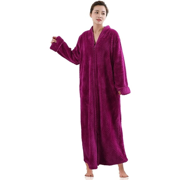 Womens Zip Up Fleece Robe Warm Loose Flannel Fleece Bathrobe Plush Zipper Lounger Robe for Ladies