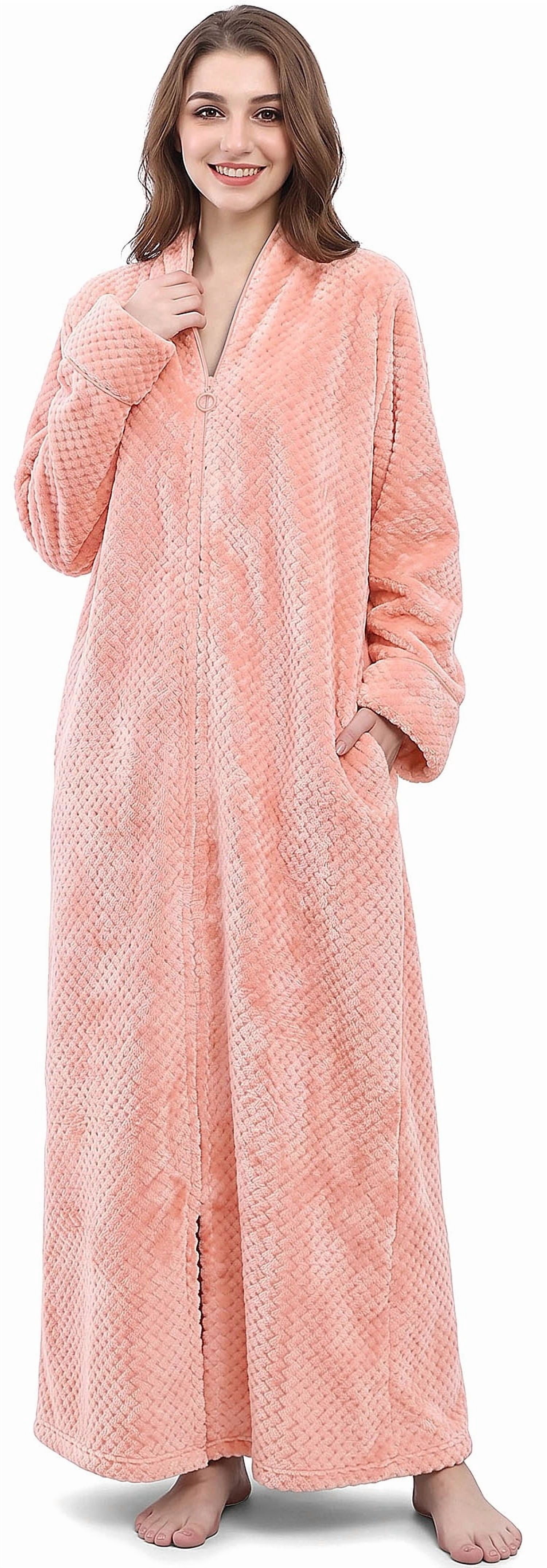 Womens Zip Up Fleece Robe Warm Loose Flannel Fleece Bathrobe Plush ...