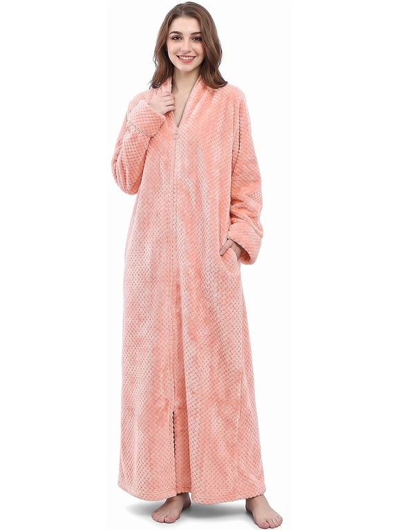 Womens Zip Up Fleece Robe Warm Loose Flannel Fleece Bathrobe Plush Zipper Lounger Robe for Ladies