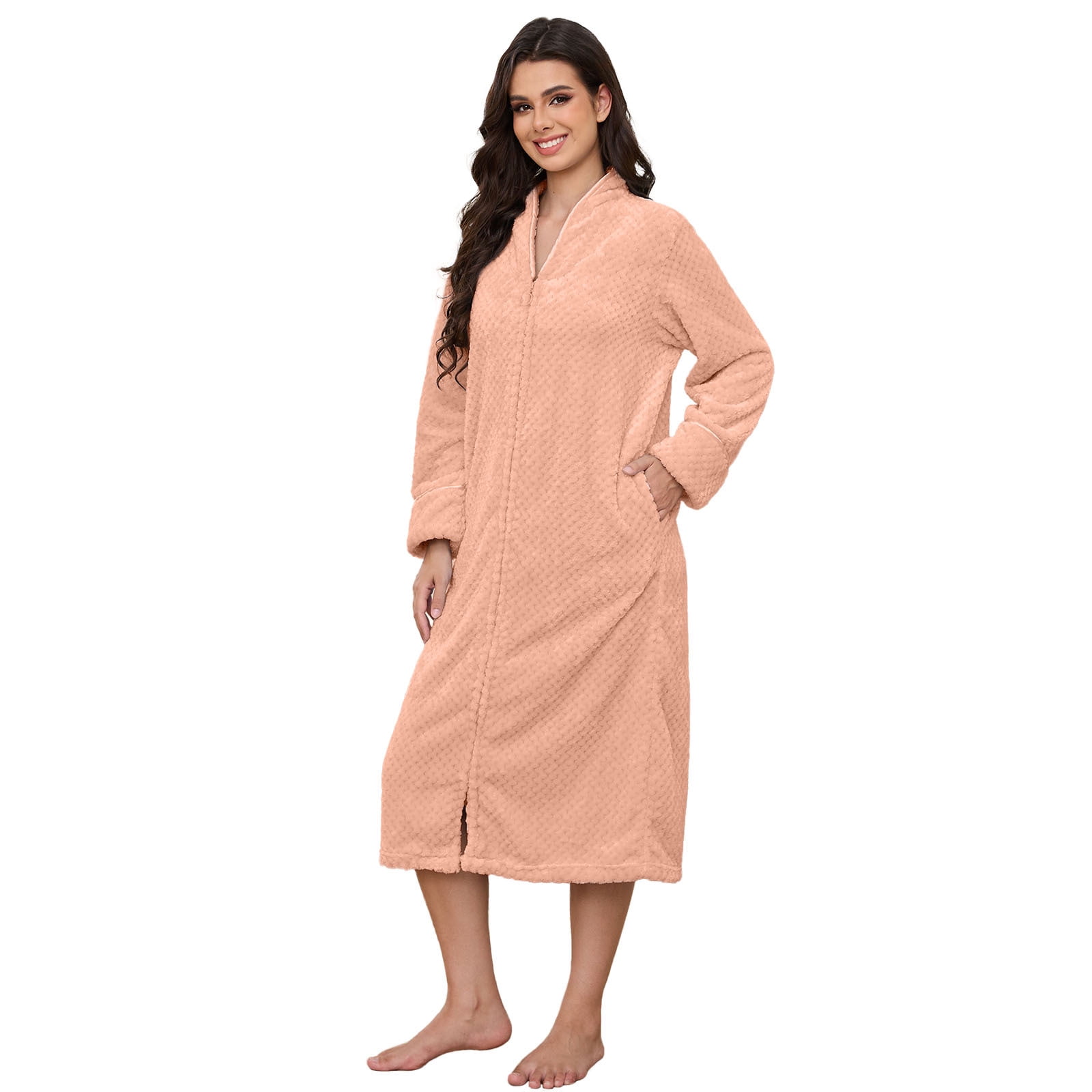 Womens Zip Up Fleece Robe Warm Loose Flannel Fleece Bathrobe Plush