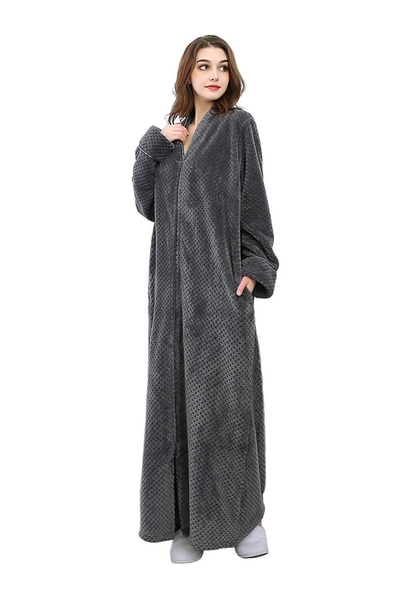 Womens Zip Up Fleece Robe Warm Loose Flannel Fleece Bathrobe Plush Zipper Lounger Robe for Ladies