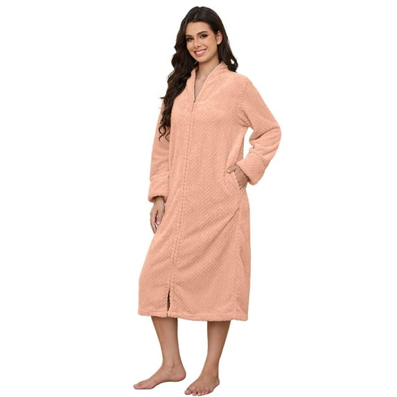 Womens Zip Up Fleece Robe Warm Loose Flannel Fleece Bathrobe Plush Zipper Lounger Robe for Ladies