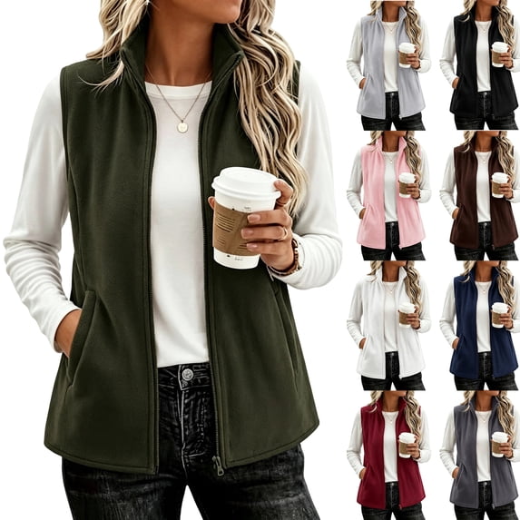 Womens Zip Up Fleece Sleeveless Vest Stand Collar Side Pockets Relaxed Fit Outerwear M